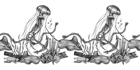 Underwater grayscale border with jellyfish, anchor, rays, corals, seaweed, stones, and chains, hand-drawn watercolor illustration on white background for packaging, invitations, and nautical designs.