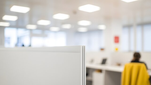 Modern open office interior with bright lighting and blurred workplace background, corporate environment and contemporary workspace design