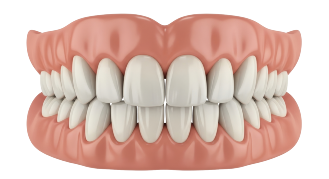 Isolated dentures with upper and lower set of fake teeth for senior people with no teeth