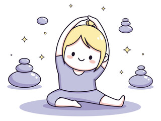 A cheerful young woman practices yoga, balancing on stones. She?s wearing a purple outfit and radiating positivity. A serene scene promoting balance and wellness.