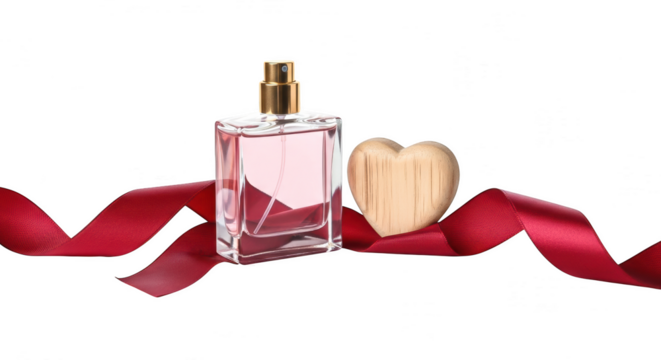 Perfume bottle with wooden heart and red ribbon isolated on transparent background