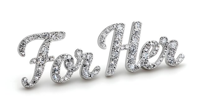Elegant script font spelling  For Her  meticulously crafted with shimmering diamonds presented on a clean white background symbolizing luxury and a special gift