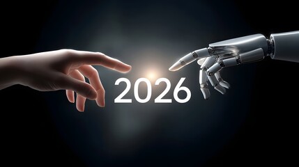 Symbolic representation of human and robotic hands nearing touch in front of the illuminated number 2026 illustrating future partnership and the evolution of technology and humanity