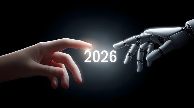 Symbolizing future convergence a human hand and a robotic counterpart extend fingers to meet with the prominent year 2026 glowing between them
