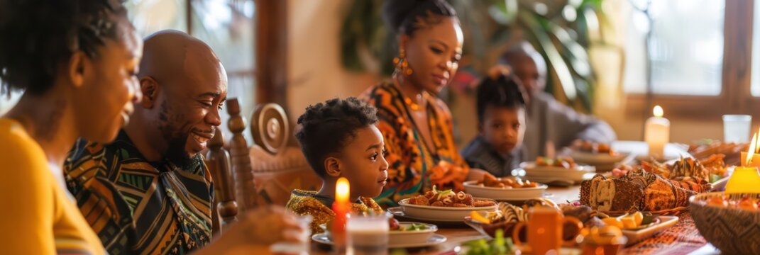 African american family celebrating Kwanzaa with traditional feast and candle lighting. Smiling African-American family at the festive table. Annual celebration of African-American culture
