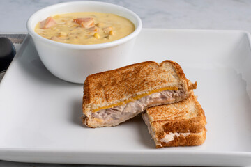 chicken corn chowder  with tuna melt sandwich