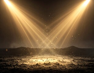 Two bright yellow spotlights converge on a rough, dark surface sprinkled with shimmering gold flecks in an atmospheric haze