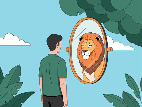 A man gazes at a lion reflection, embodying courage and strength. A motivational illustration with a serene background. Perfect for self-improvement and confidence themes. - Powered by Adobe