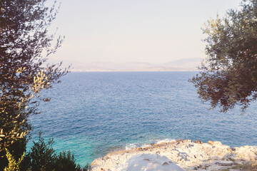 Mediterranean sea view framed by olive trees with distant mountains
