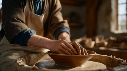 A traditional potter shaping clay on a spinning wheel, hands coated in earth tones as sunlight streams through an old workshop window — heritage craftsmanship, handmade ceramics culture, and
