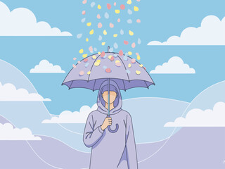 solitary figure stands under an umbrella amidst a gentle rain of colorful petals The image evokes a feeling of protection and serenity 