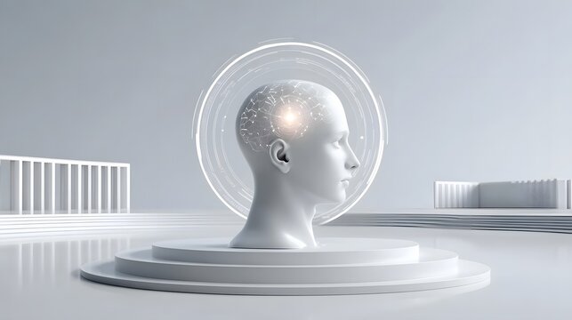 Conceptual digital render of a white human head bust showcasing a glowing interconnected brain network within a futuristic