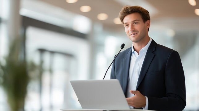 An interpreter at a corporate event translating for global executives, laptop open to terminology glossaries and slides — international business communication, professional language services, and