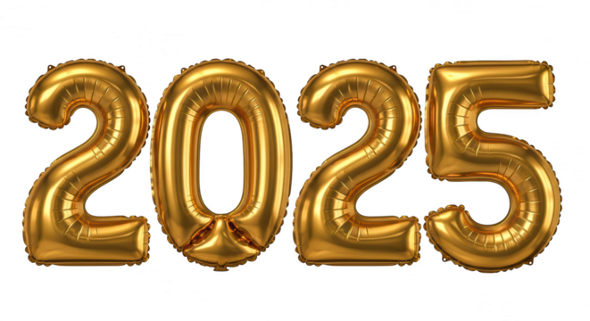 Golden foil balloons spelling out the year 2025, isolated on transparent background
