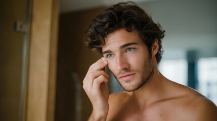 A man applying eye cream in a modern bathroom, focusing on crow’s-feet reduction and hydration for a refreshed, energized look — men’s anti-aging skincare, grooming confidence, and everyday