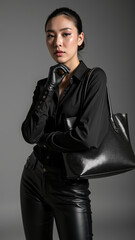 Naklejka premium Elegant model in black attire holding stylish handbag, showcasing confident pose and modern fashion sense