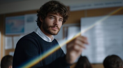 A classroom scene where a teacher uses a low-power educational laser to demonstrate light refraction through a glass prism, rainbow colors projected across the wall — STEM education, optical