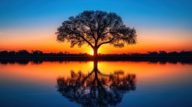 Silhouetted tree reflects in tranquil sunset lake - Powered by Adobe