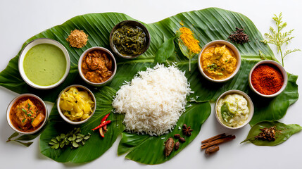 Top view of a banana leaf with white rice & various Indian dishes