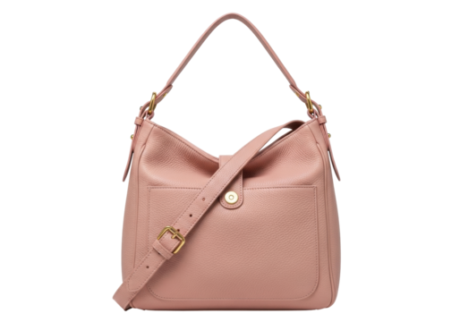 Isolated peach-colored leather shoulder bag with an adjustable crossbody strap fashion item