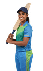 Happy female cricket player in blue and green uniform holding bat on isolated background