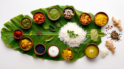 Top view of a banana leaf with white rice & various Indian dishes