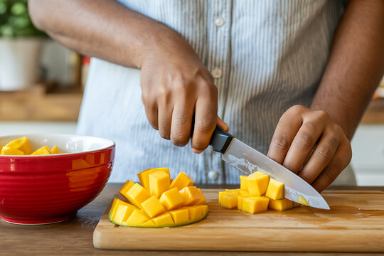 Person slicing a ripe mango into cubes on a wooden cutting board in the kitchen