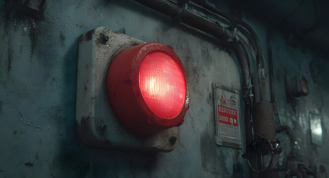 Industrial safety alert with red emergency signal light illuminating a factory wall for workplace security measures
