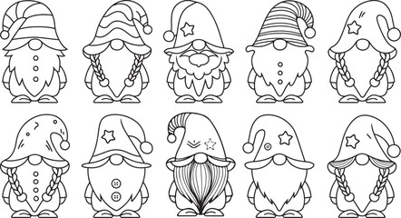 Gnome Vector Set, Cute Scandinavian Holiday Dwarf Line Art