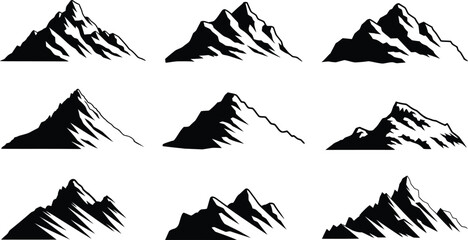 Mountain Silhouette Vector Set, Alpine Peaks, Summit Outline Clipart