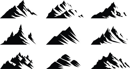Mountain Silhouette Vector Set, Alpine Peaks, Summit Outline Clipart