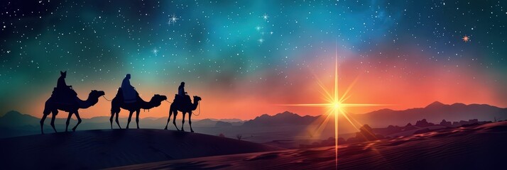 Epiphany three kings day journey at sunset with camels and starry sky. Horizontal banner. Copy space. Star of Bethlehem, or Christmas Star. Three Kings Day. Flat illustration