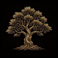 Golden tree silhouette on a black background, artistic representation of nature