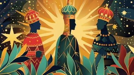 Vibrant celebration of epiphany three kings day with majestic figures and starry background