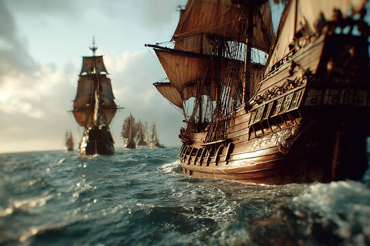 Pirate ship attacks Spanish merchant galleon in a thrilling naval battle on the high seas