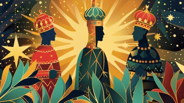 Vibrant celebration of epiphany three kings day with majestic figures and starry background