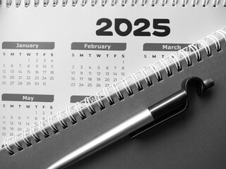 Top view of 2025 calendar, notepad, and pen on desk.
