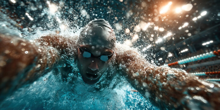 Swimmer executes a powerful jump into the water during a competitive swimming event