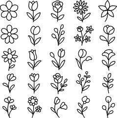 Hand-Drawn Flower Line Art Set  Minimalist Botanical Sketch, Vintage Floral Outline, Garden Petals & Monochrome Vector Collection