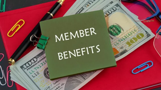 Animation and appearance of the conceptual phrase MEMBER BENEFITS on a green sticker, e-commerce conceptual