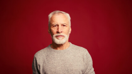 Obraz premium Portrait of happy senior man touching grey beard looking at camera posing isolated on red background