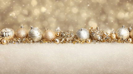Golden Christmas sparkle border with crystal ornaments and radiant bokeh on champagne background, blank middle 