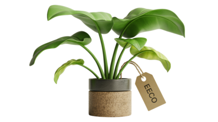 Green potted plant with a tag isolated on transparent background
