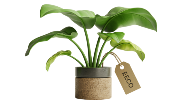 Green potted plant with a tag isolated on transparent background
