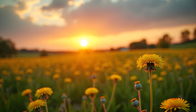 Blooming wildflower field under dramatic sunset sky