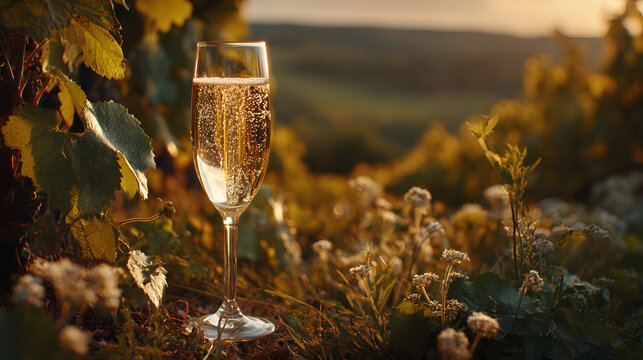 Sampling premium sparkling brut champagne in the sunlit vineyards of Cote des Blancs near Cramant and Avize France outdoors