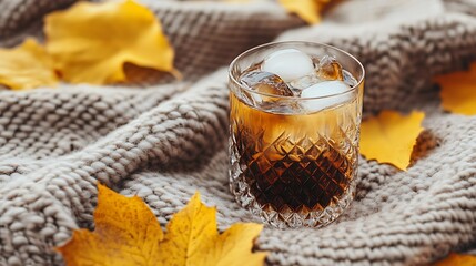 A hazelnut infused soda in an amber glass cozy wool blanket and scattered autumn leaves