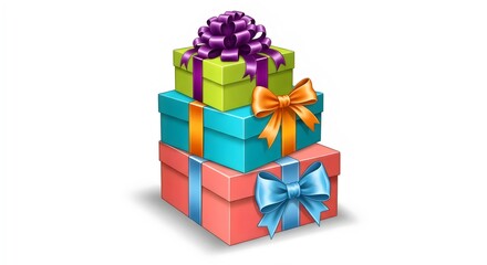 Stacked Colorful Gift Boxes with Ribbons and Bows on White Background