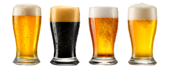 A collection of four different beers in clear pint glasses isolated on black