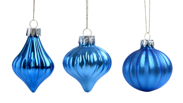 Three shimmering blue christmas ornaments hanging against a dark background